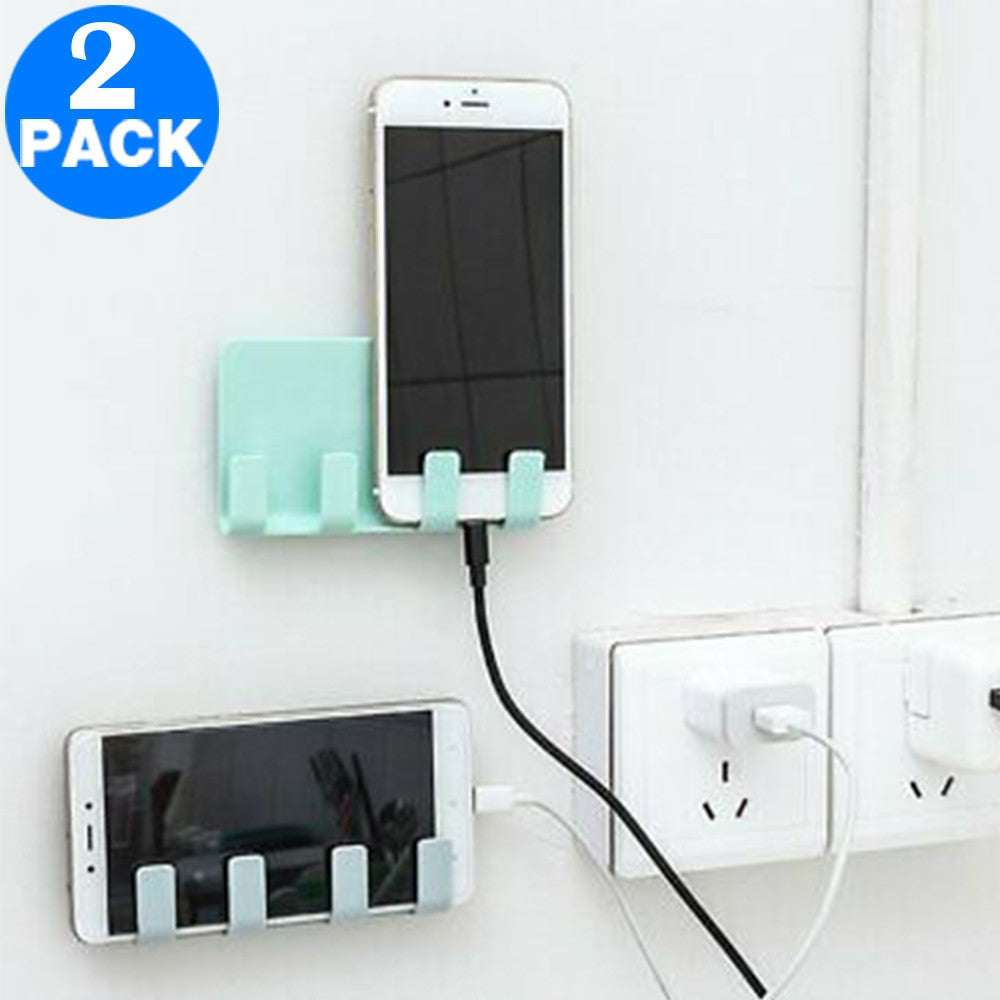 2 X Wall Mounted Phone Holders with Hooks Blue and Green