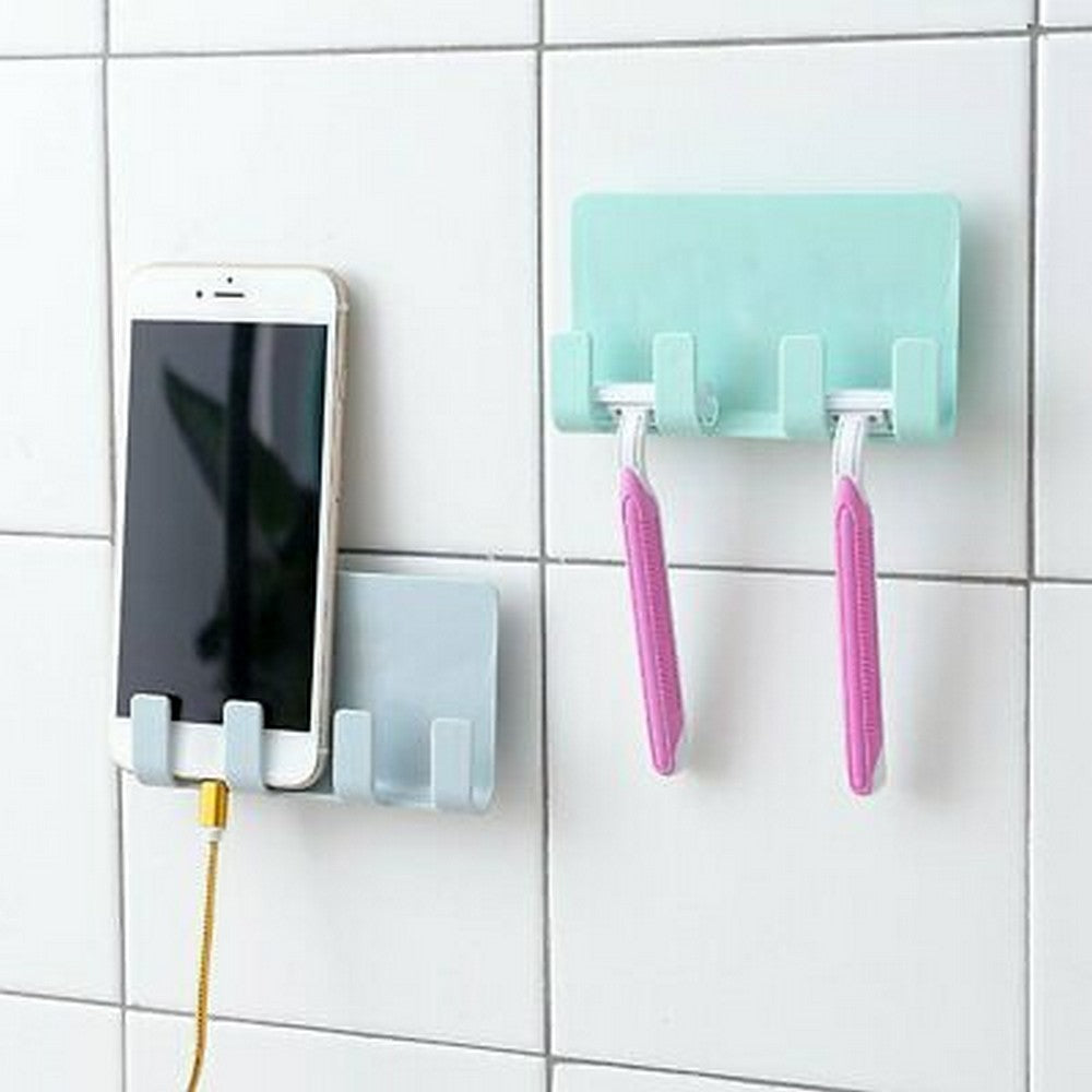 2 X Wall Mounted Phone Holders with Hooks Blue and Green