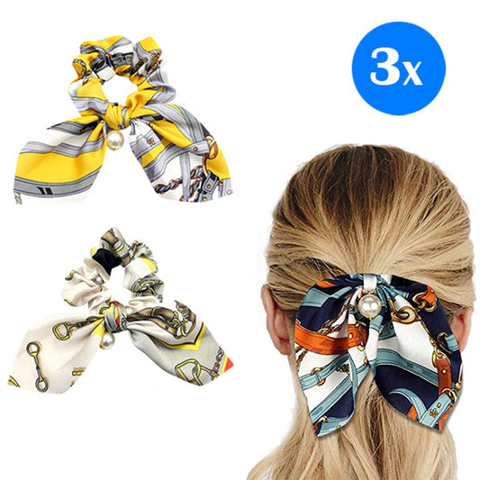 3pcs Hair Care Floral Bowknot Hair Scrunchy-Navy White and Yellow