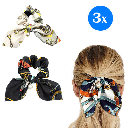 3pcs Hair Care Floral Bowknot Hair Scrunchy-Navy White and Black