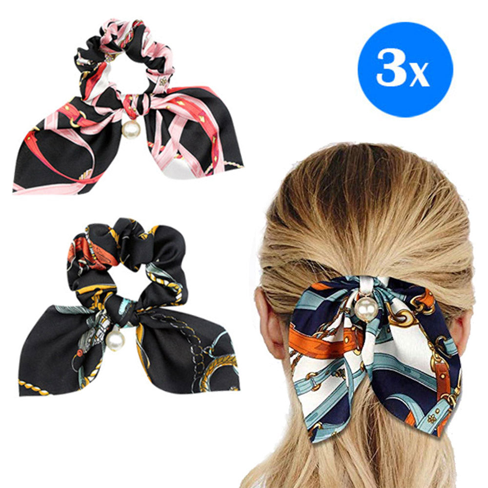 3pcs Hair Care Floral Bowknot Hair Scrunchy-Navy Pink and Black