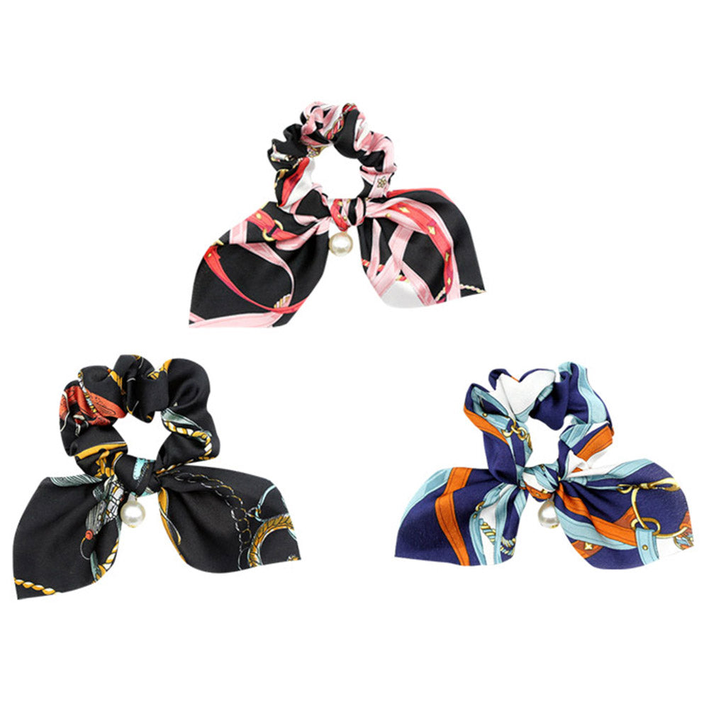 3pcs Hair Care Floral Bowknot Hair Scrunchy-Navy Pink and Black