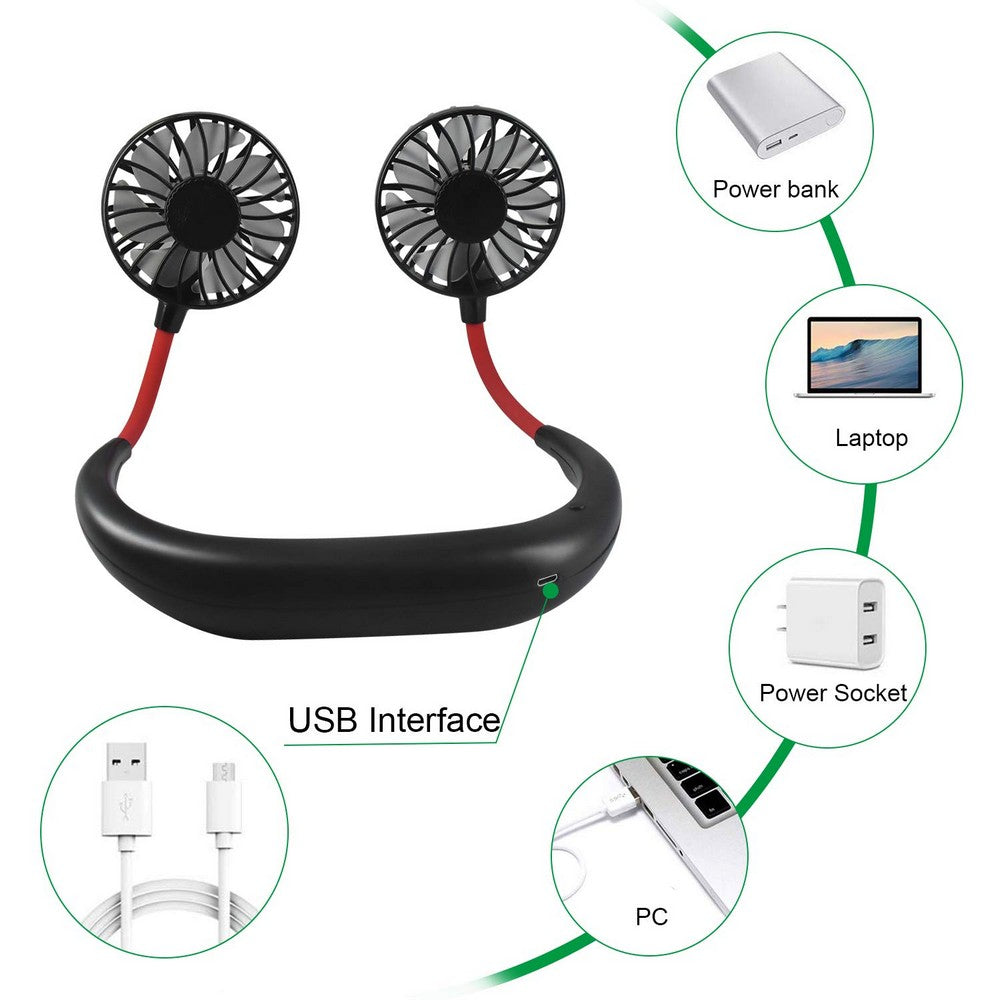 2 X USB Neck Hanging Portable Fan Black and White