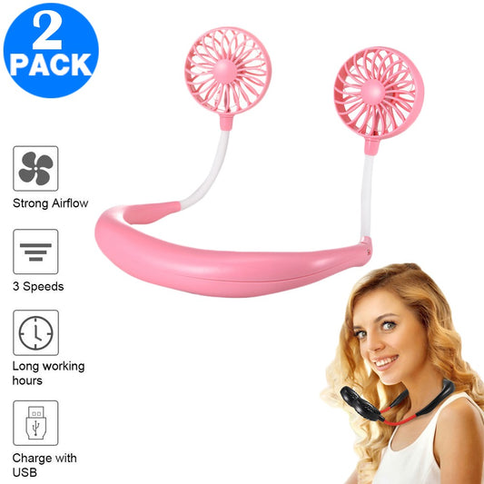 2 X USB Neck Hanging Portable Fan Pink