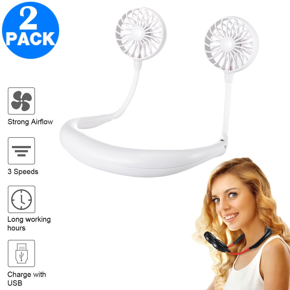 2 X USB Neck Hanging Portable Fan White