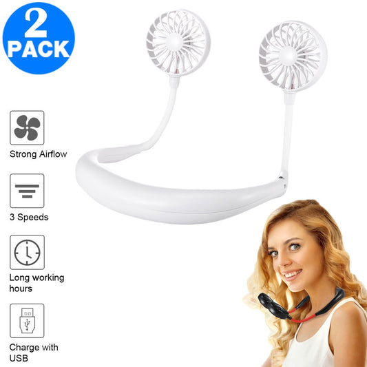 2 X USB Neck Hanging Portable Fan White