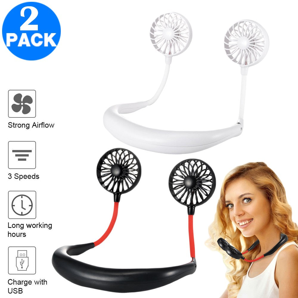 2 X USB Neck Hanging Portable Fan Black and White