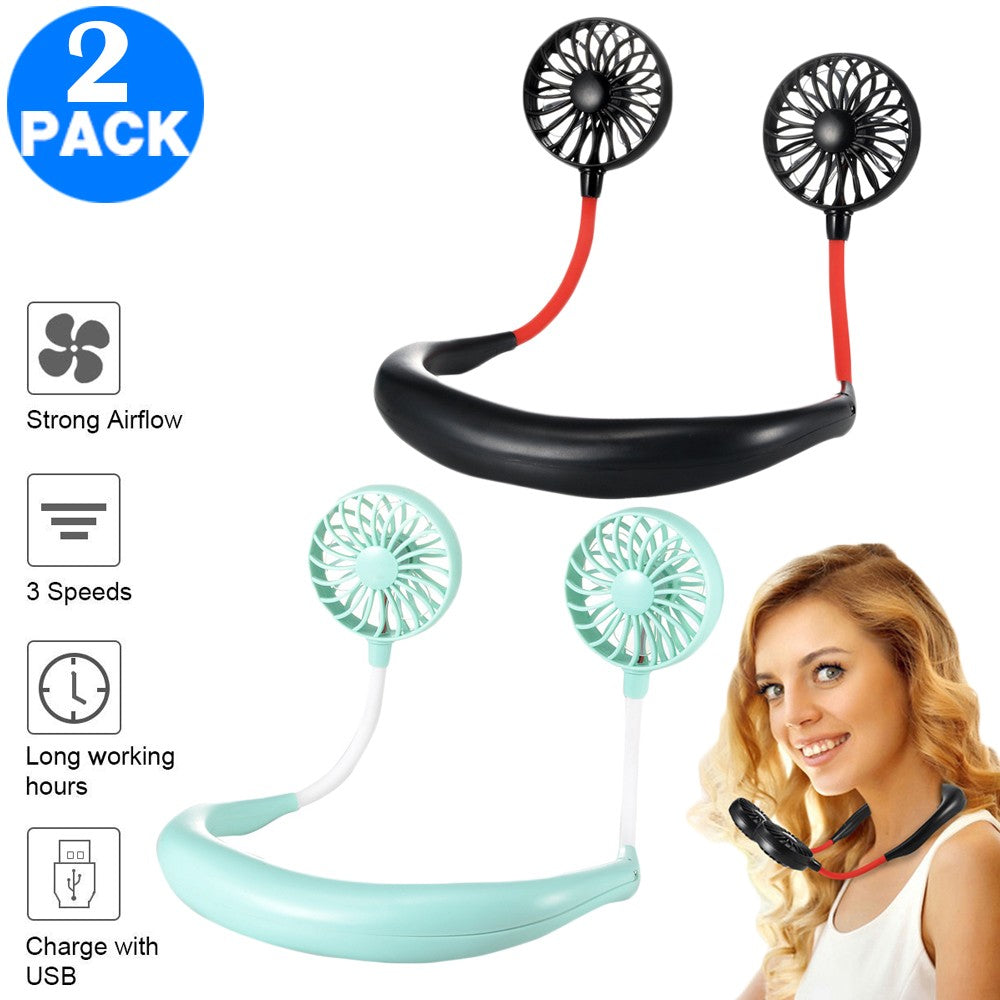 2 X USB Neck Hanging Portable Fan Green and Black