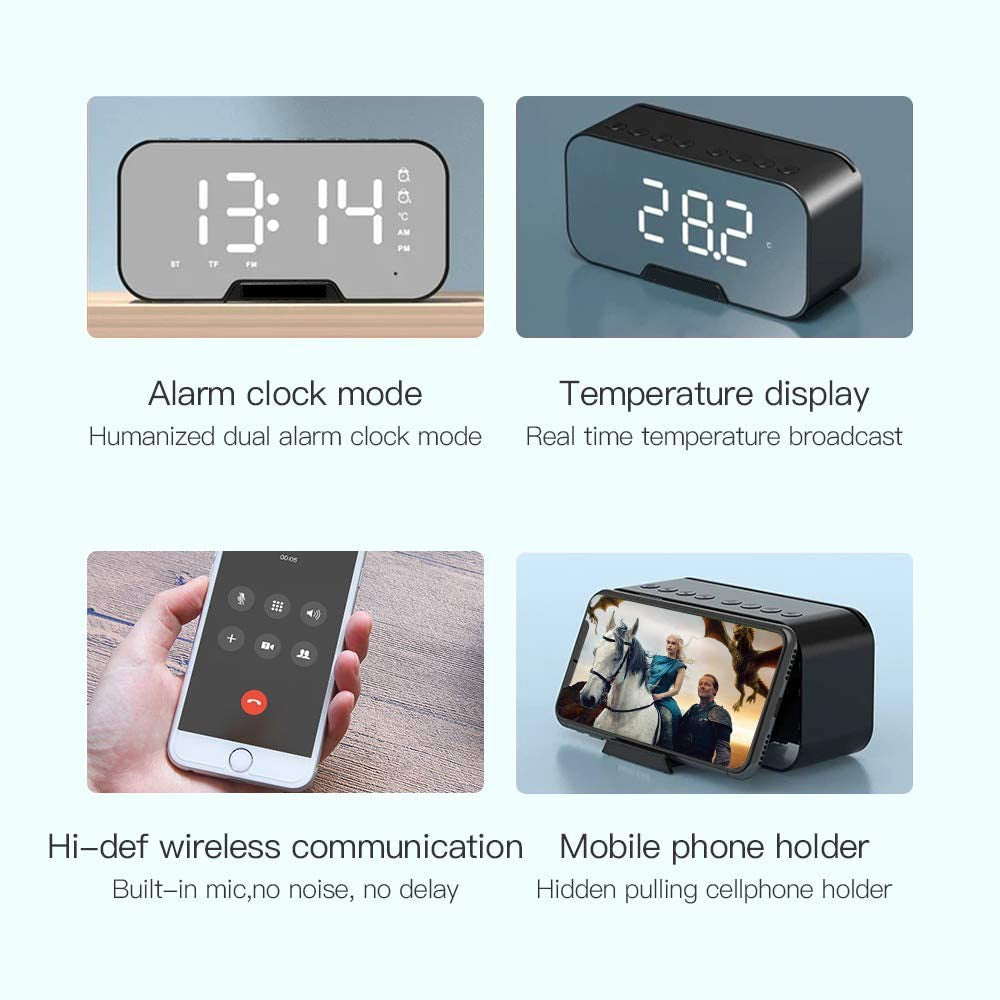 Multifunctional Mirror Clock Bluetooth Speaker FM Radio Desktop Phone Stand