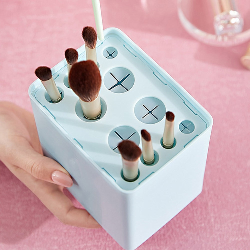 Air-Drying Makeup Brushes Box Makeup Brush Holder Multifunctional Cosmetic Organizer Dustproof 12 Holes Storage Box Blue