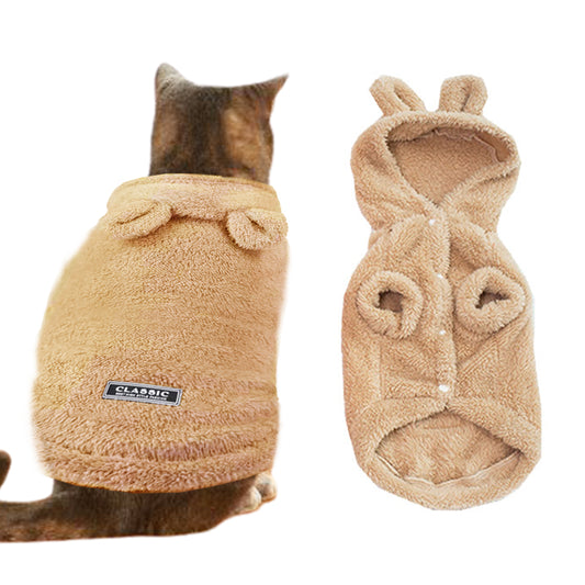 XL Khaki Pet Plush Hoodie Clothes Winter Warm Cute Ear Design Jumpsuit for Dog Cat