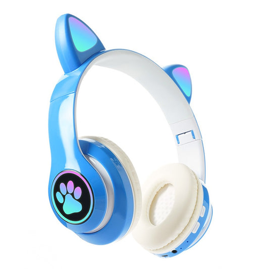 Bluetooth 5.0 Wireless Headphones Cute Cat Ears Shaped Headset with LED Light Blue