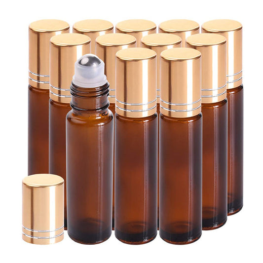 12Pcs 10ml Refillable Essential Oil Roller Bottles Roll on Bottles Essential Oil Dispensing Glass Bottles Brown