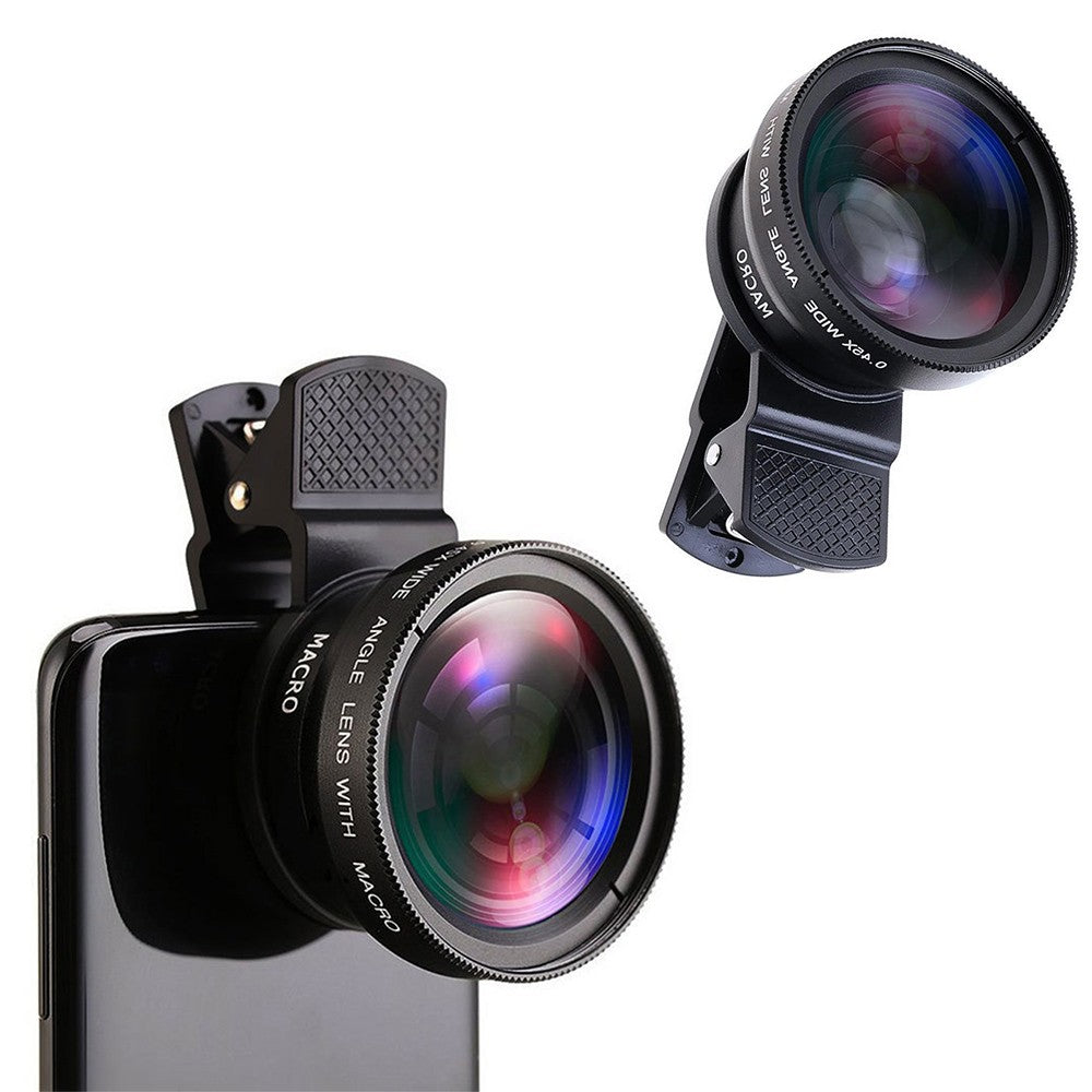 1 X 2 in1 Portable 0.45X 49UV Wide Angle Macro Phone Camera Lens Kit Black