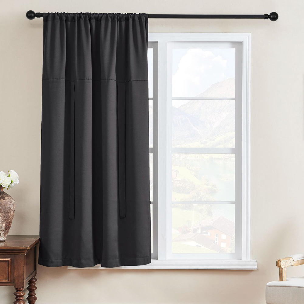 1 Panel Tie Up Curtain Blackout Insulated Window Curtain with Rod Pocket Black