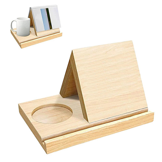 Wooden Triangle Book Stand Bookshelf Display Holder with Cup Holder