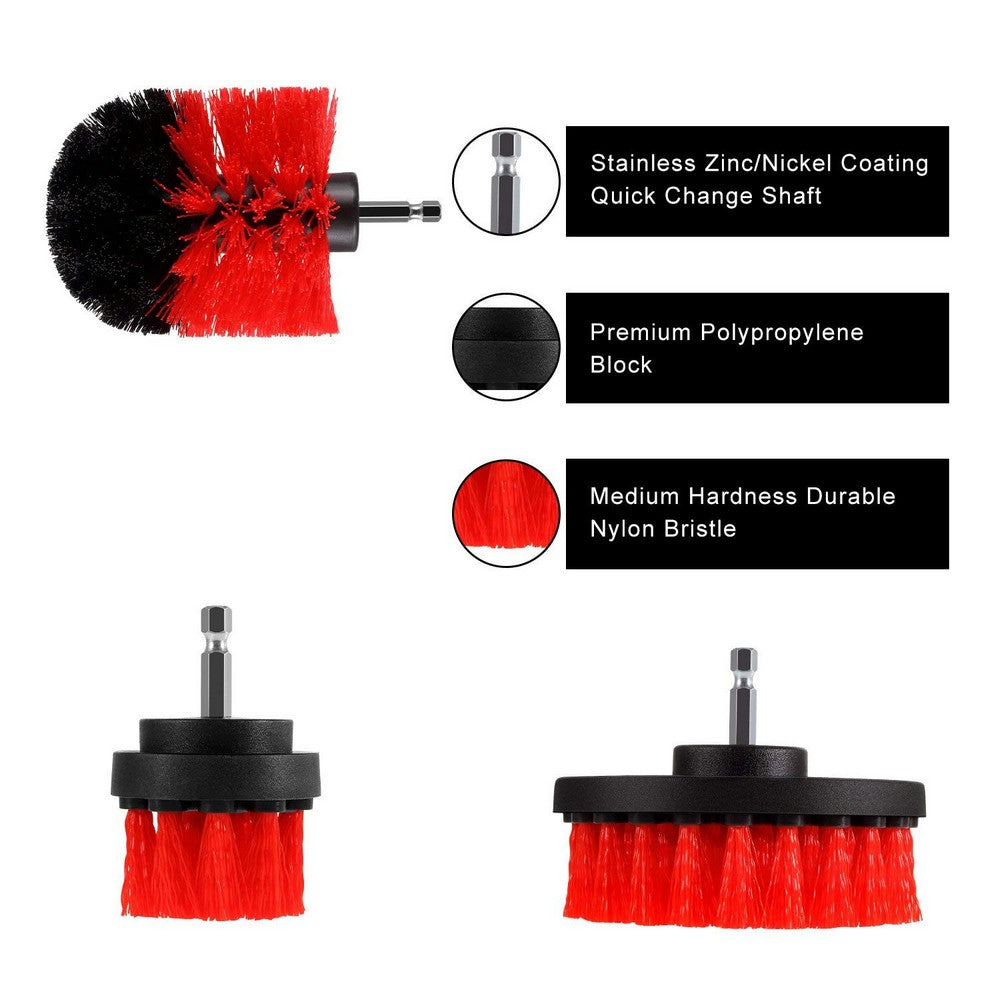 3PCS Universal Drill Power Heavy Duty Brush Cleaning Set Red