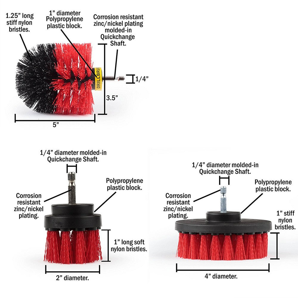 3PCS Universal Drill Power Heavy Duty Brush Cleaning Set Red