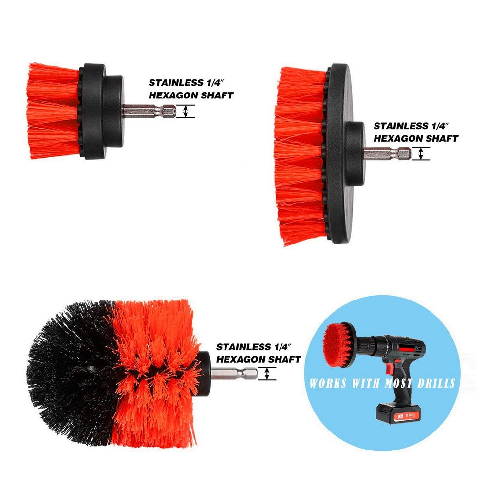 3PCS Universal Drill Power Heavy Duty Brush Cleaning Set Red