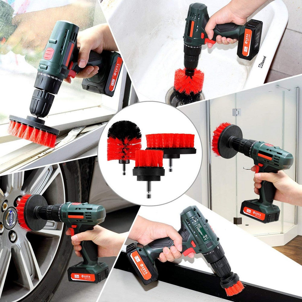 3PCS Universal Drill Power Heavy Duty Brush Cleaning Set Red