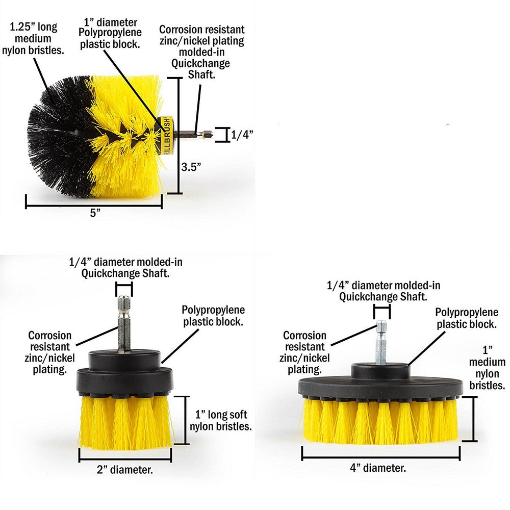 3PCS Universal Drill Power Heavy Duty Brush Cleaning Set Yellow