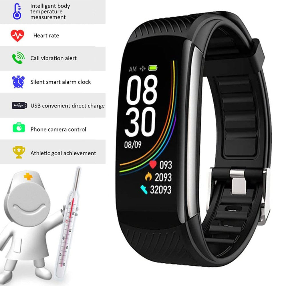 C6T Smart Watch Sports Bracelet Body Temperature Heart Rate Blood Oxygen Blood Pressure Monitor Black