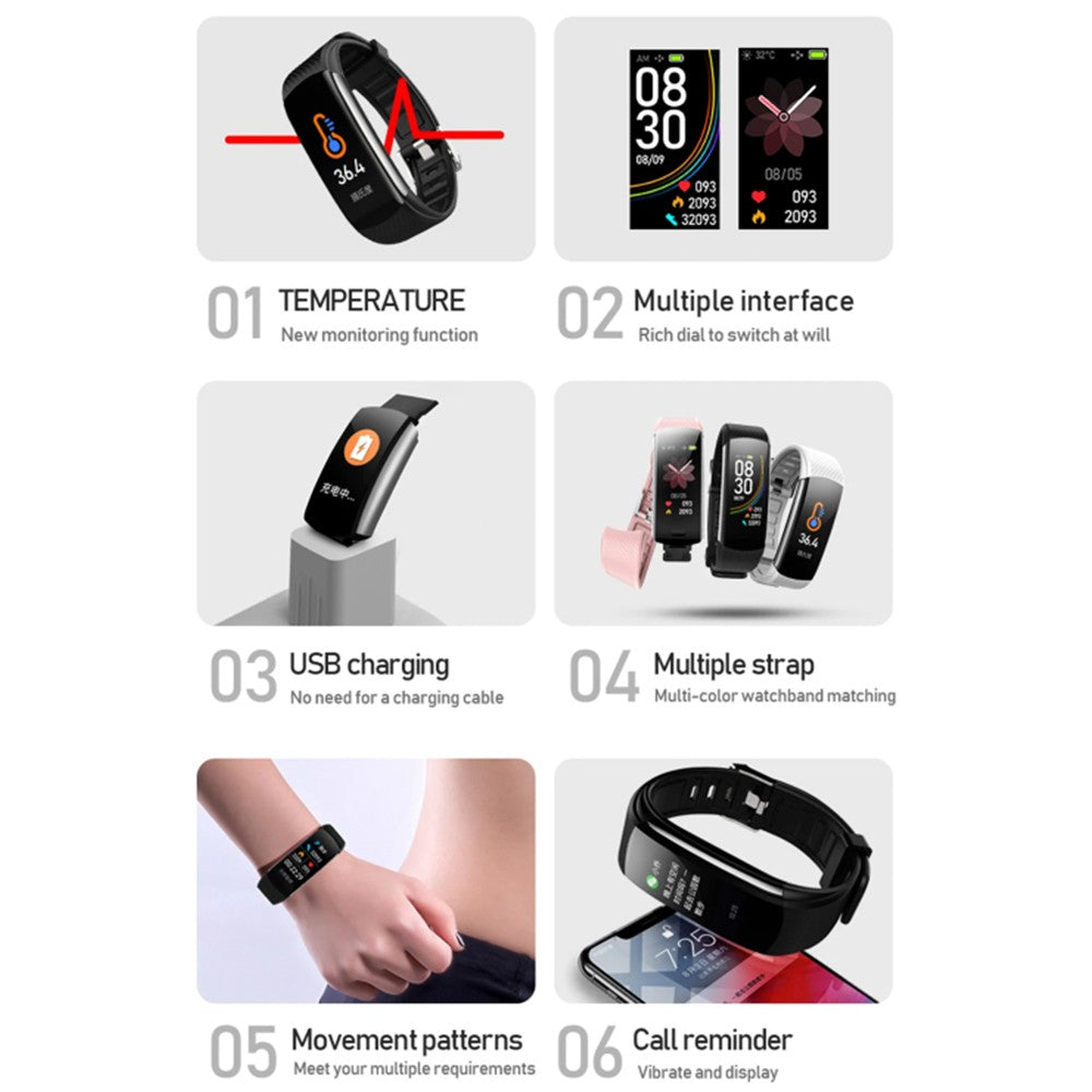 C6T Smart Watch Sports Bracelet Body Temperature Heart Rate Blood Oxygen Blood Pressure Monitor Red