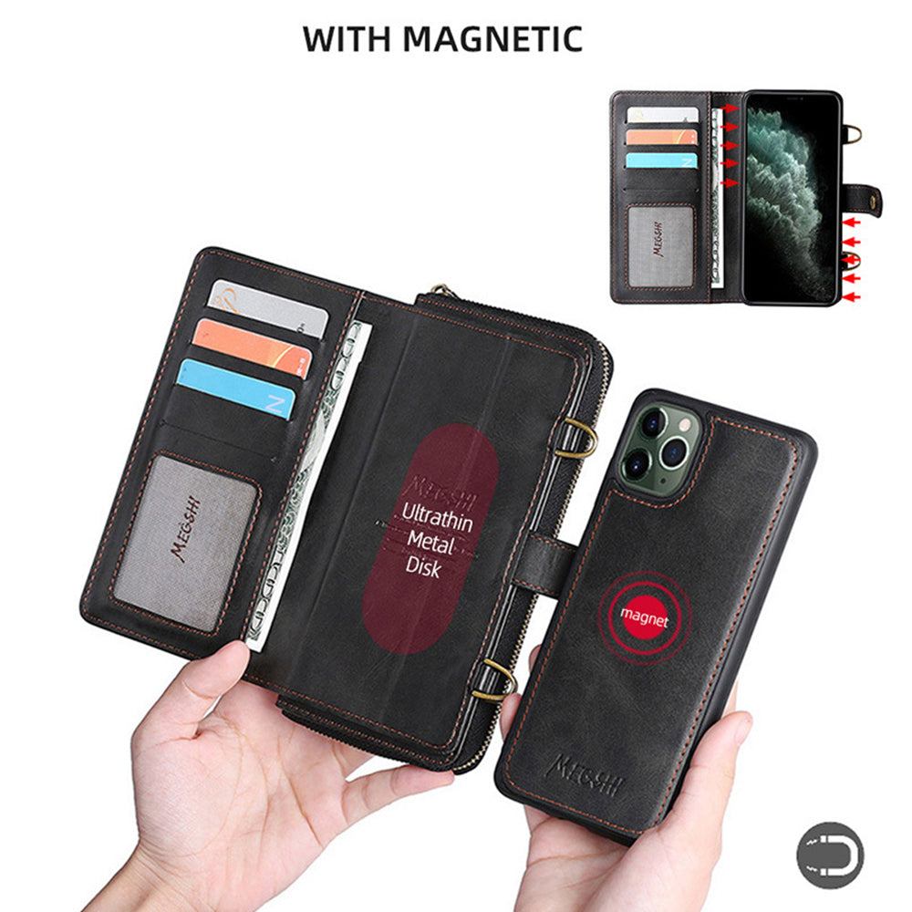 iPhone Phone Case Magenatic Detachable Wallet Case Zipper Purse with Shoulder Strap