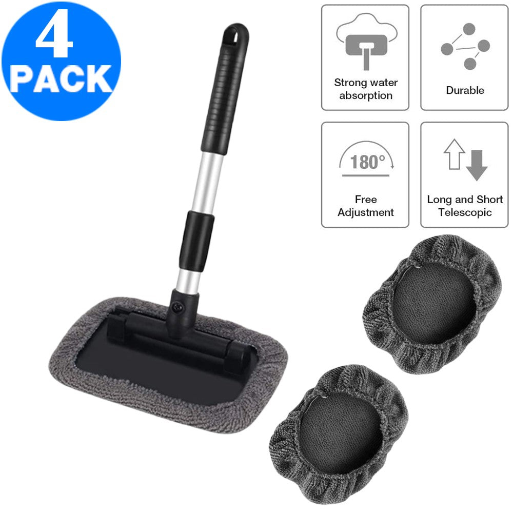 4 X Car Windshield Glass Cleaning Tools Car Window Wiper Cleaning Cloth with Extendable Handle