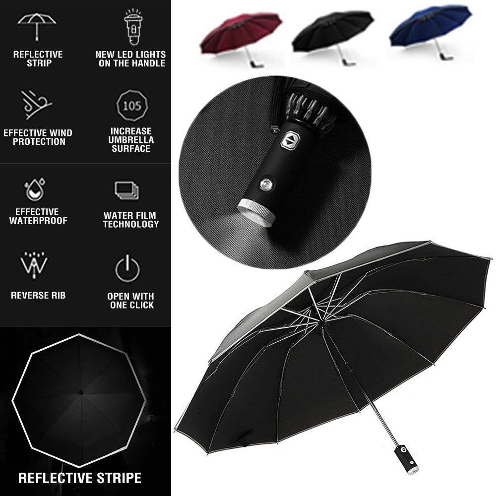 Rainproof Windproof Travel Compact Folding Automatic Umbrella with Flashlight and Reflective Strip Design