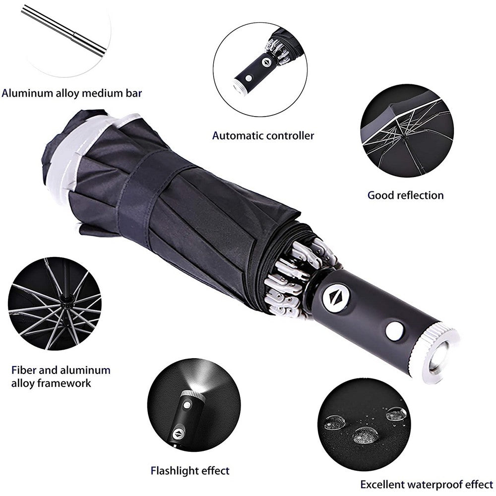 Rainproof Windproof Travel Compact Folding Automatic Umbrella with Flashlight and Reflective Strip Design