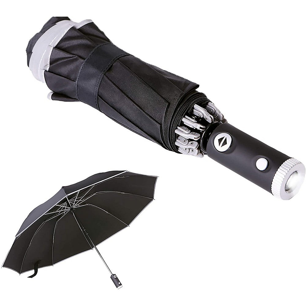 Rainproof Windproof Travel Compact Folding Automatic Umbrella with Flashlight and Reflective Strip Design