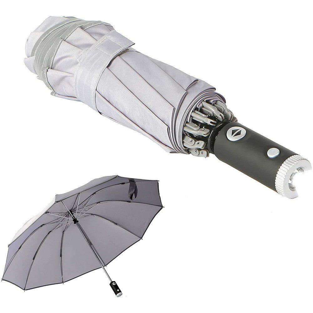 Rainproof Windproof Travel Compact Folding Automatic Umbrella with Flashlight and Reflective Strip Design