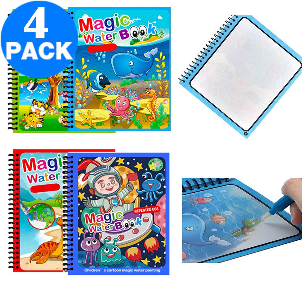 4 Pack Reusable Magic Water Coloring Book with Drawing Pen Painting Book