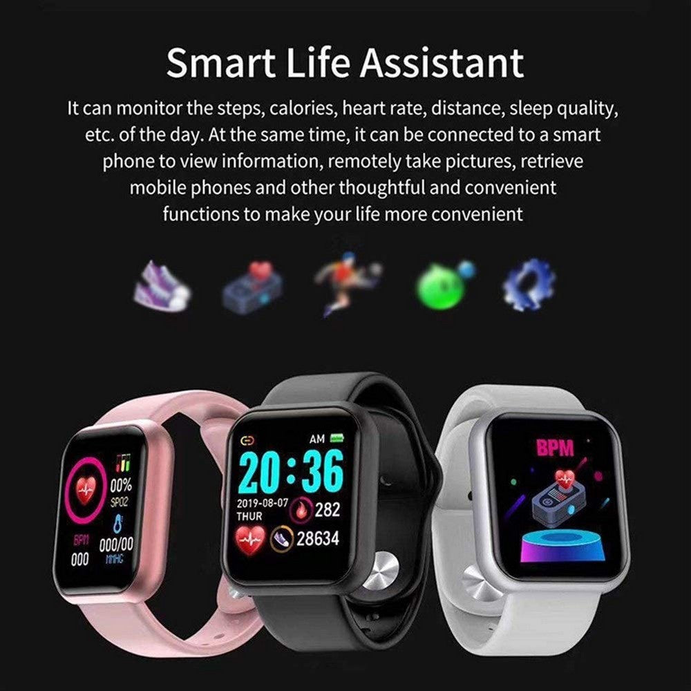 2 X Y68 Water Resistant Smart Watch Sports Fitness Trackaer with Heart Rate Monitor for Men and Women Black and Pink