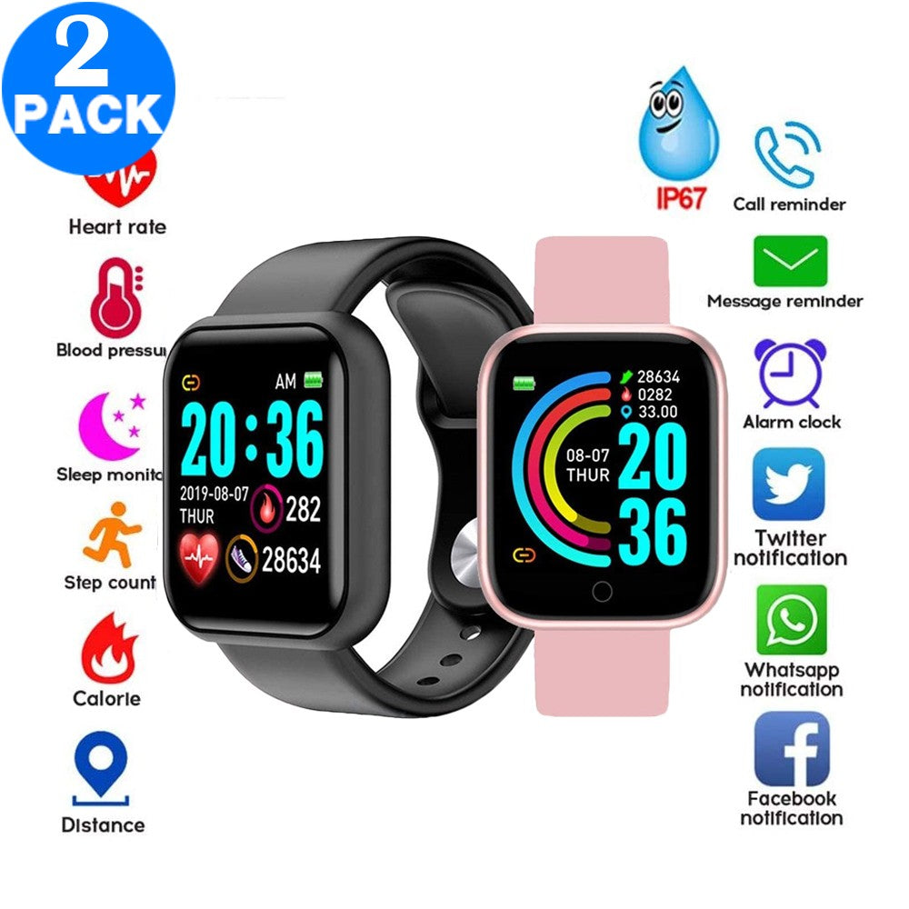 2 X Y68 Water Resistant Smart Watch Sports Fitness Trackaer with Heart Rate Monitor for Men and Women Black and Pink