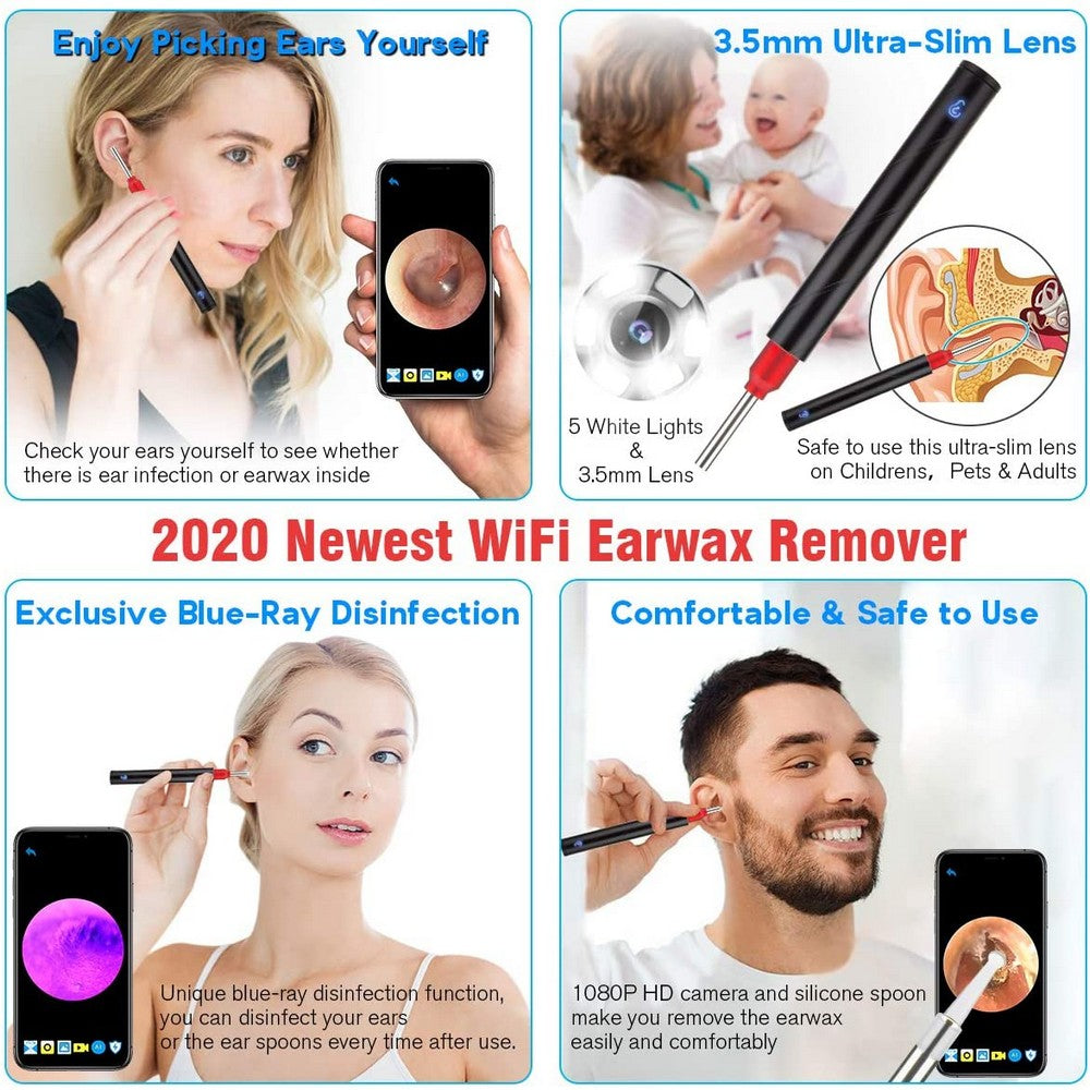 6LEDs Wireless Otoscope Ear Wax Remover WiFi Earwax Removal Tool with 3.5mm Visual Camera and Blue Ray Light