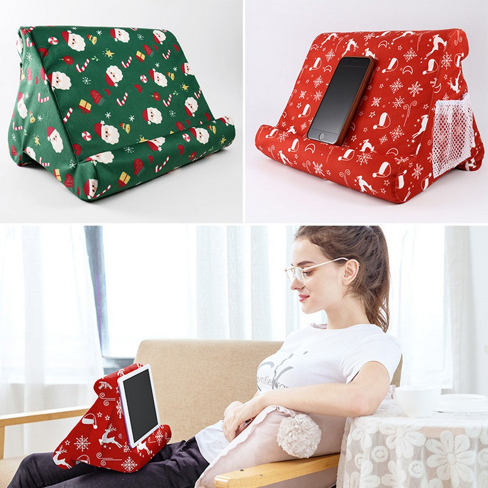 Christmas Printed Multi Angle Soft Pillow Mobile Phone Holder for iPad Tablet Stand with Mesh Bag and Handle