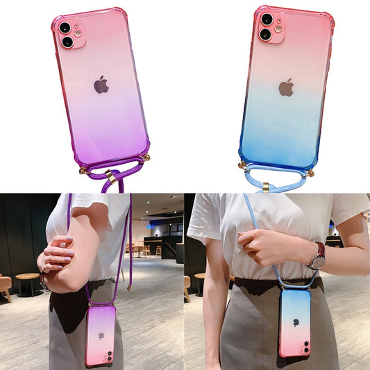 Gradient TPU Phone Case for iPhone with Adjustable Phone Lanyard Nylon Strap