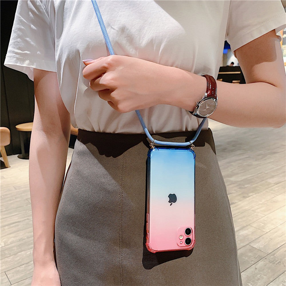 Gradient TPU Phone Case for iPhone with Adjustable Phone Lanyard Nylon Strap