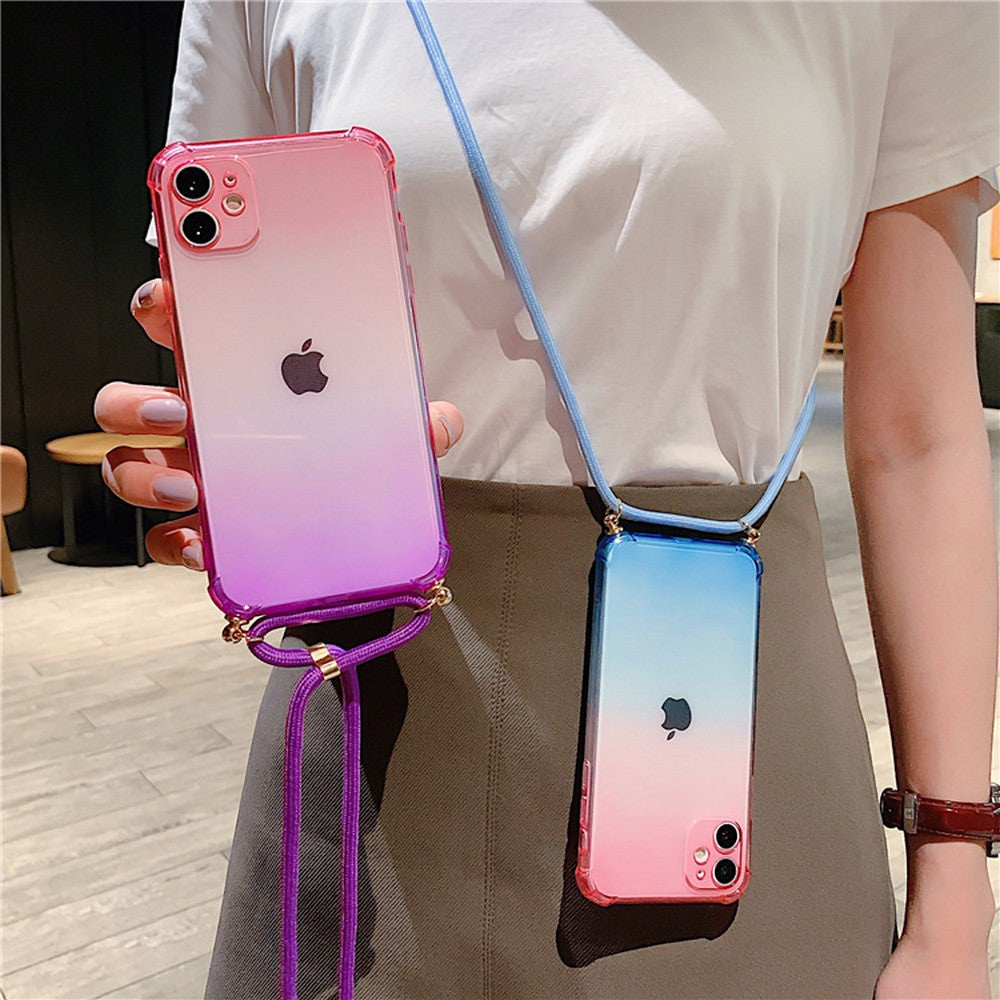 Gradient TPU Phone Case for iPhone with Adjustable Phone Lanyard Nylon Strap