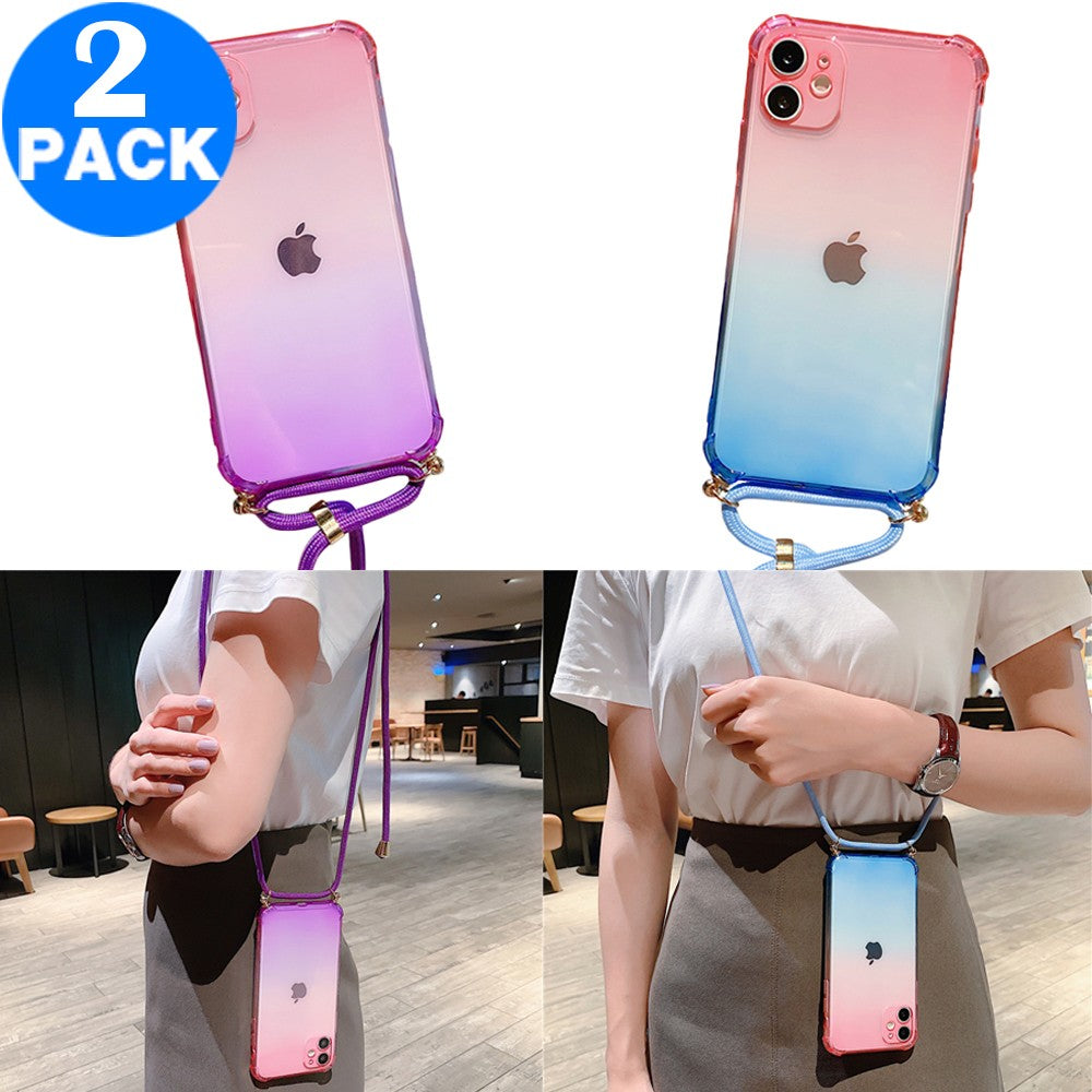 2 X Gradient TPU Phone Case for iPhone with Adjustable Phone Lanyard Nylon Strap