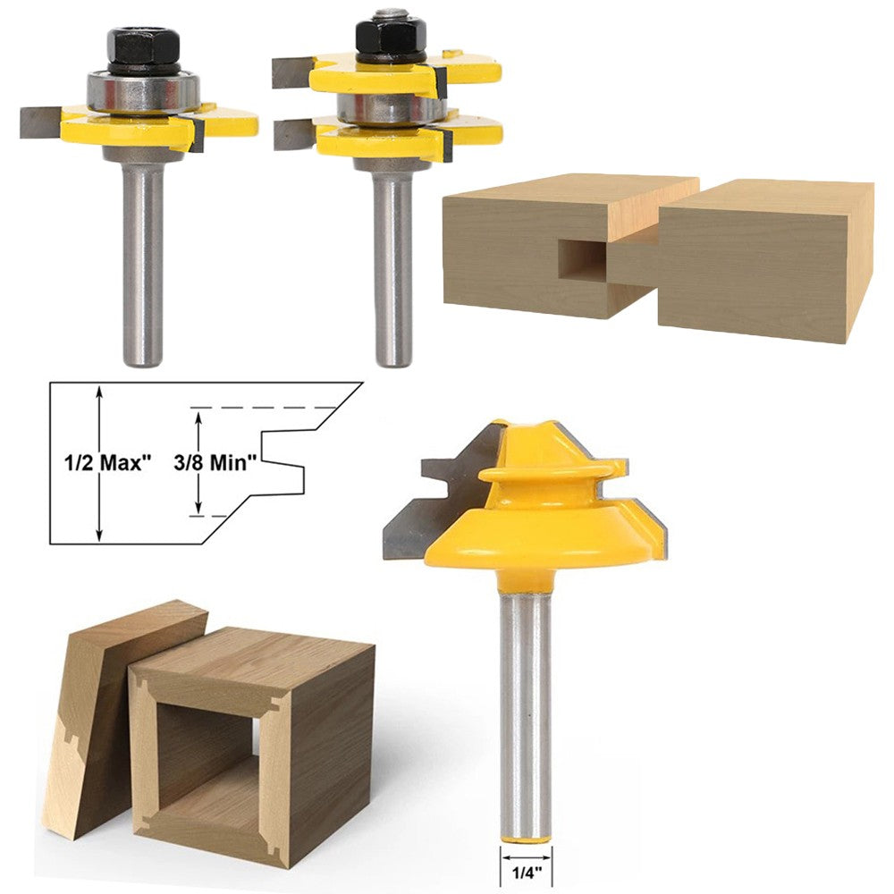 1 Piece 45 Degree Lock Miter Router Bit and 2 Pieces Tongue and Groove Router Bits