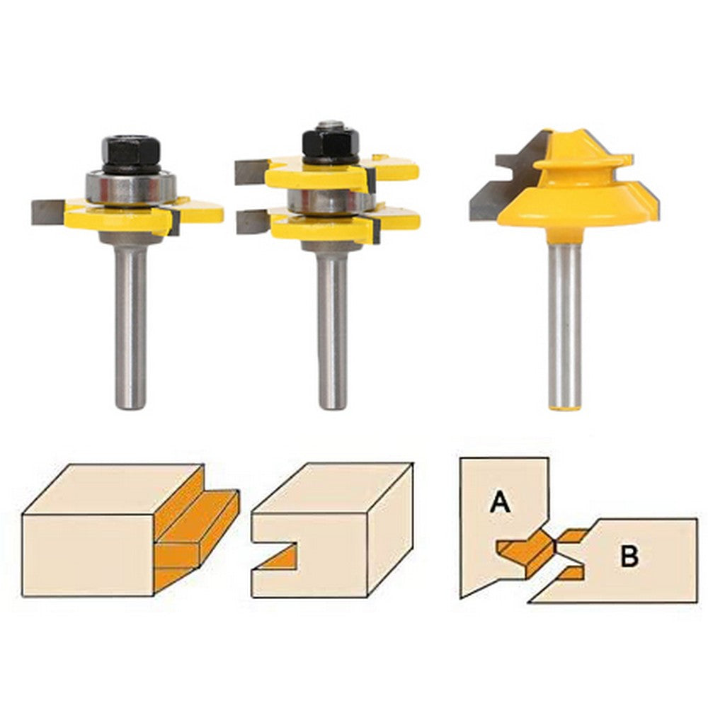 1 Piece 45 Degree Lock Miter Router Bit and 2 Pieces Tongue and Groove Router Bits