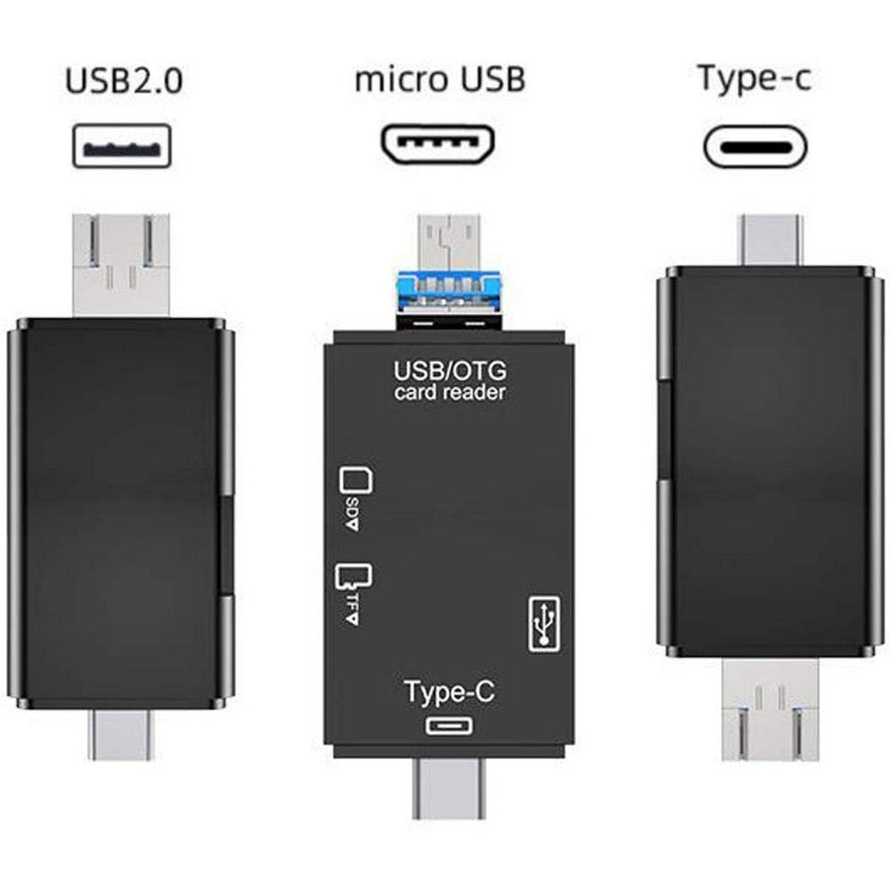 2 Pack 6 In 1 SD Card Reader USB Type C Micro USB USB 2.0 Adapter Plug and Play Memory Card Reader WITHOUT ANY CARDS AND U DISK Black and White