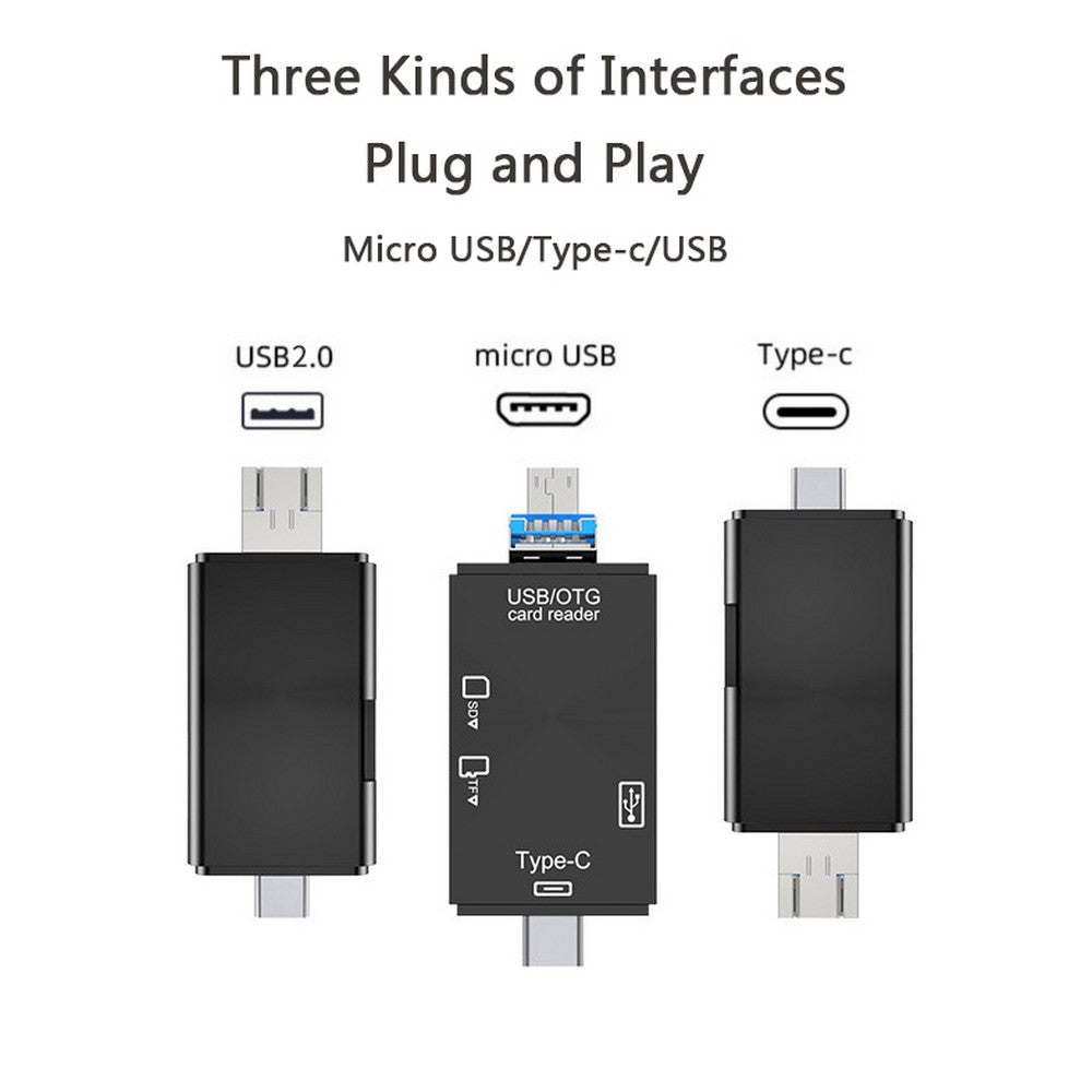 2 Pack 6 In 1 SD Card Reader USB Type C Micro USB USB 2.0 Adapter Plug and Play Memory Card Reader WITHOUT ANY CARDS AND U DISK Black and White