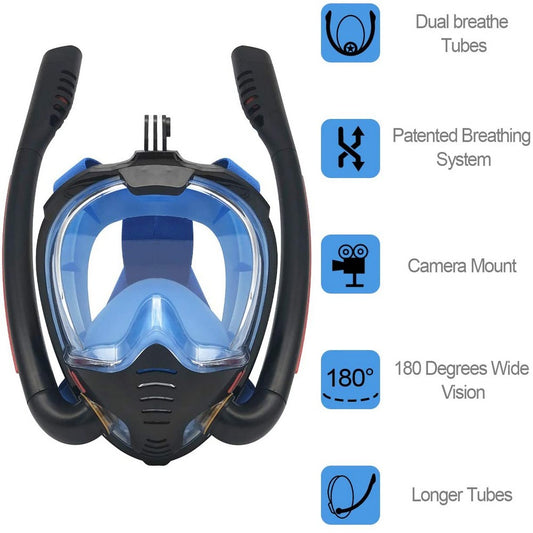 K3 Summer Snorkeling Mask Diving Mask Snorkel Mask with Dual Free Breathing System for Adults Black and Blue