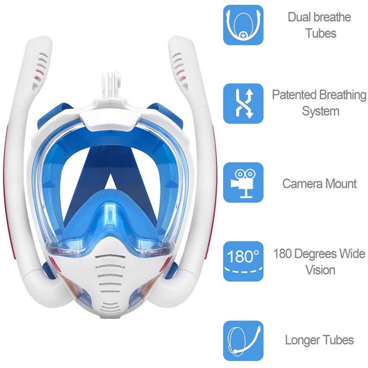 K3 Summer Snorkeling Mask Diving Mask Snorkel Mask with Dual Free Breathing System for Adults White and Blue