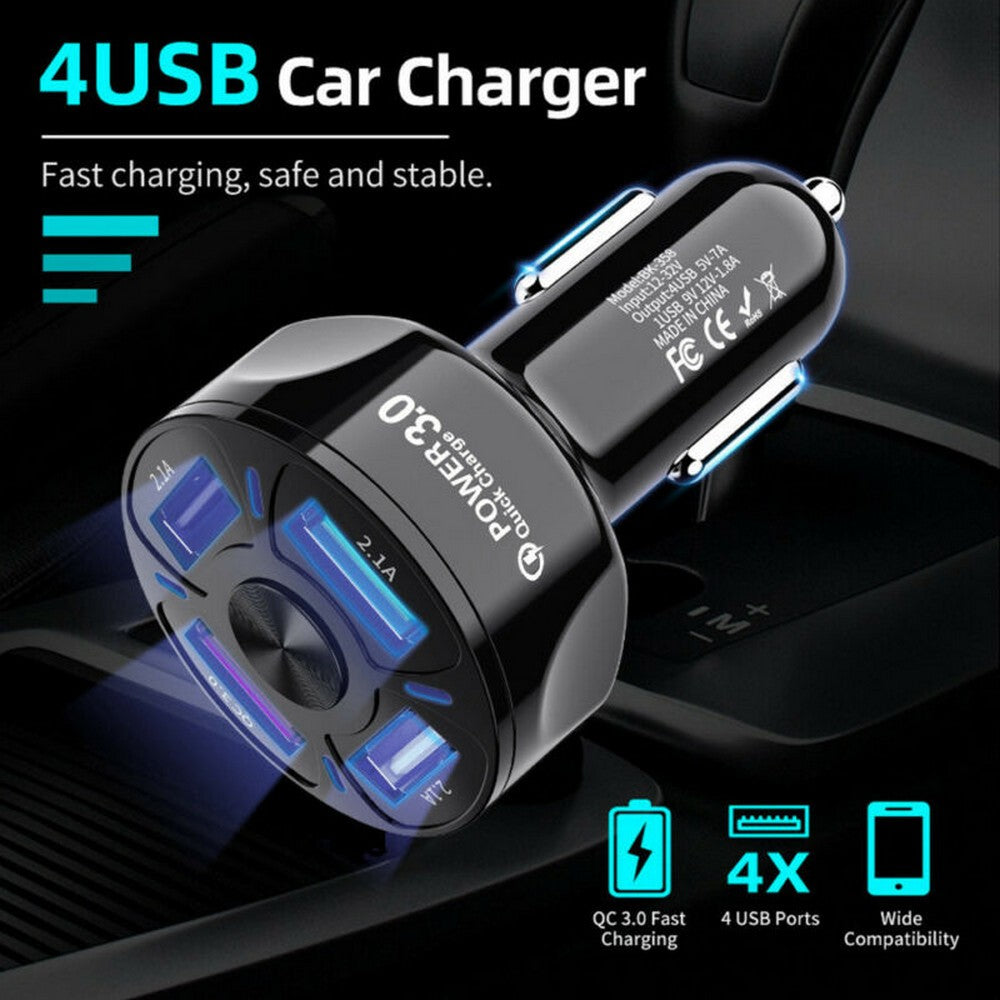 2 X Same Colour 4 In 1 4 USB QC 3.0 Fast Charging Car Charger Adapter Car Accessories with LED Lights