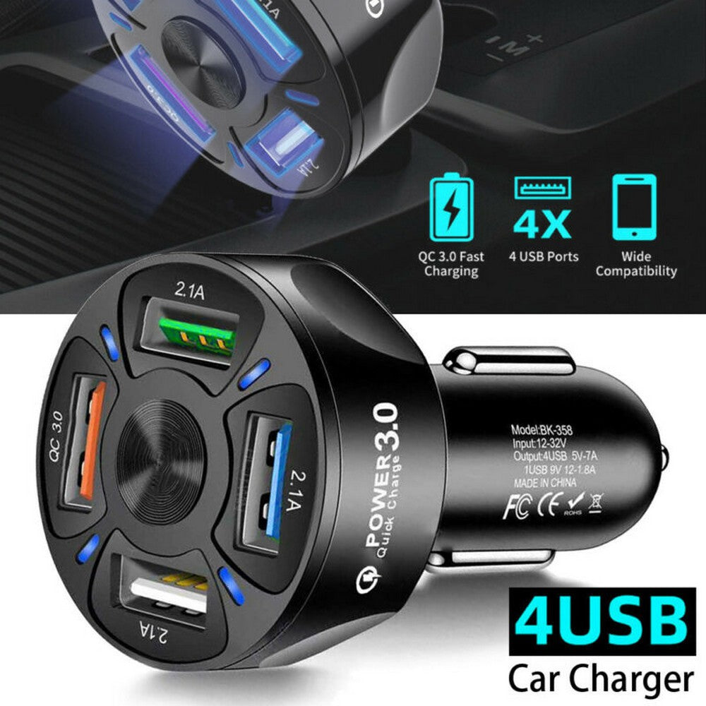 2 X Same Colour 4 In 1 4 USB QC 3.0 Fast Charging Car Charger Adapter Car Accessories with LED Lights